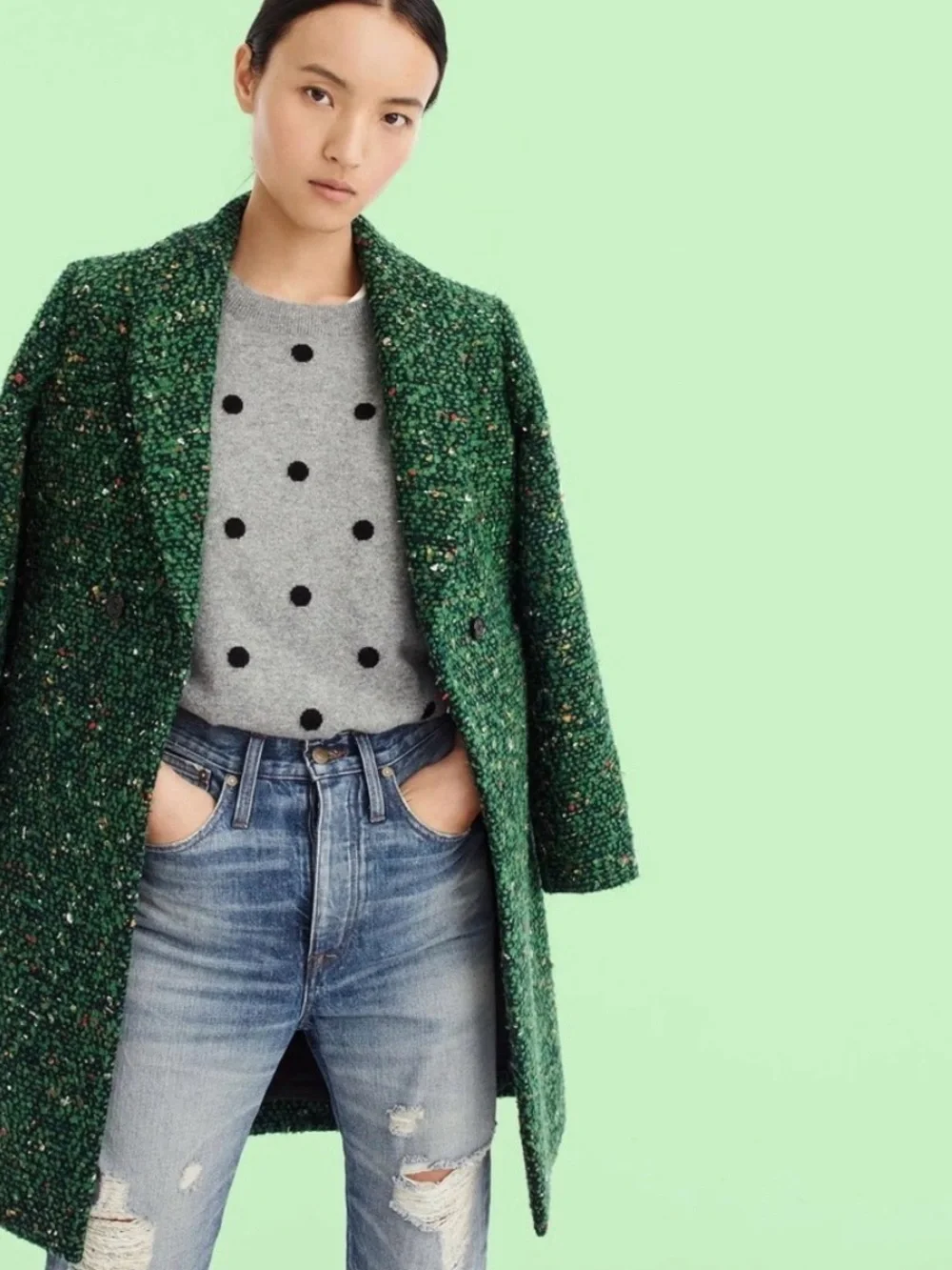 J. Crew Collection Daphne Wool Green Tweed Double-Breasted Pea Coat - Picture 2 of 14